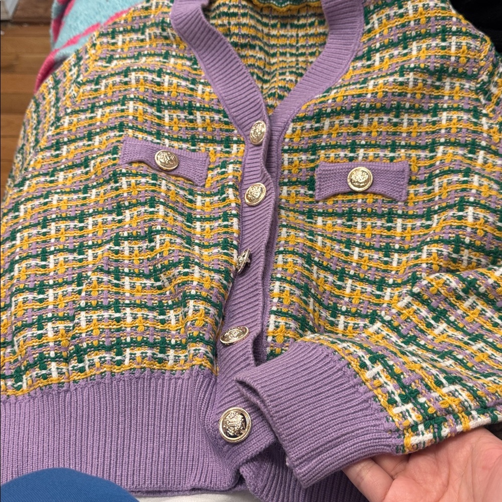 Colorful Tweed Cardigan with Gold Buttons